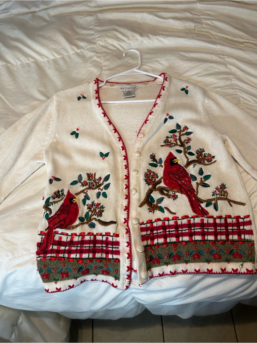White Stag Cream Cardigan with Red Cardinal Embroidery